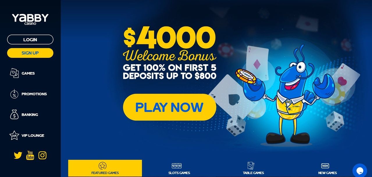 Yabby Casino platform interface showing games and login options