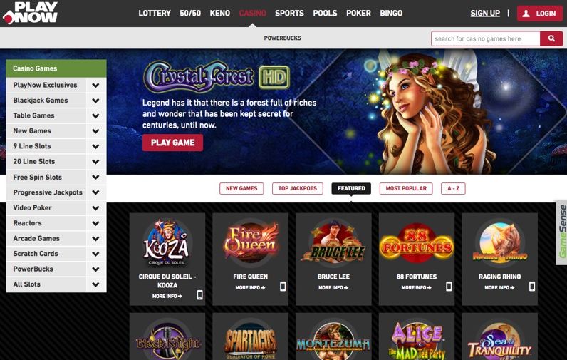 PlayNow Canada homepage and casino dashboard with login interface