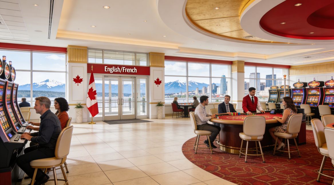 Photorealistic British Columbia casino interior with slot machines, table games, Canadian flag, maple leaf décor, and mountain skyline through large windows