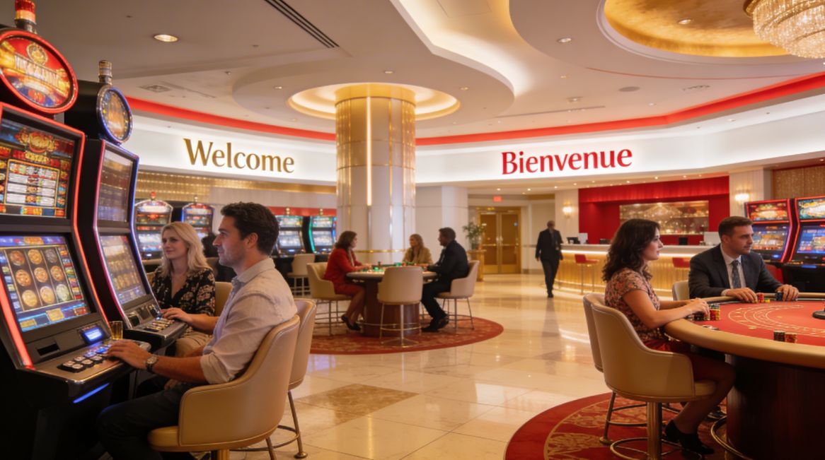 Bright Quebec casino interior with slot machines and tables, relaxed players, and bilingual signage showcasing a welcoming gambling atmosphere
