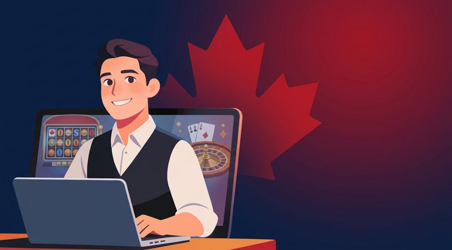 Canadian online casino player using a laptop with slot, roulette and card games in front of a red maple leaf background