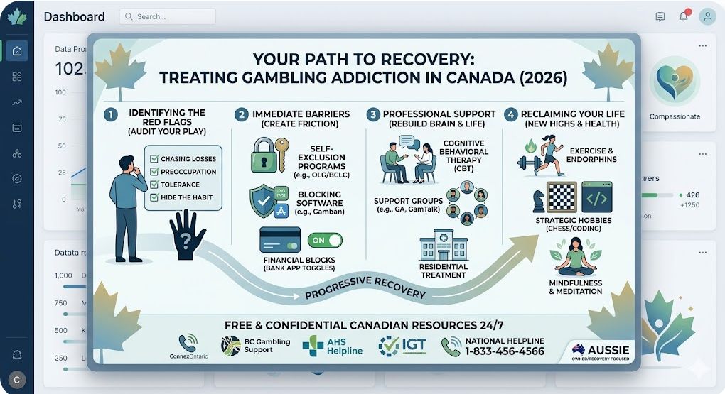 Infographic detailing a 4-step 'Your Path to Recovery' for gambling addiction treatment in Canada. Step 1 focuses on identifying the 'RED FLAGS' through an audit of behavior, Step 2 outlines 'IMMEDIATE BARRIERS' like self-exclusion, blocking software, and financial blocks, Step 3 details 'PROFESSIONAL SUPPORT' options like CBT and support groups, and Step 4 emphasizes 'RECLAIMING YOUR LIFE' through exercise, hobbies, and mindfulness. A winding path labeled 'PROGRESSIVE RECOVERY' connects all sections. Small logos representing generalized Canadian non-profit resources like ConnexOntario and BC Gambling Support are shown at the bottom for illustrative purposes.