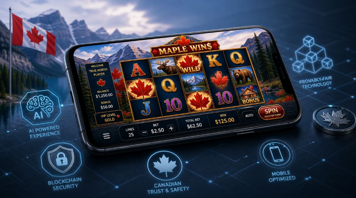 Mobile Canadian online casino interface showing online slot reels with maple leaf symbols and digital tech elements