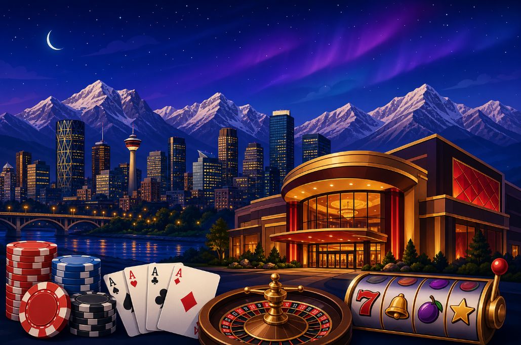 Alberta casinos skyline at night with Rocky Mountains, glowing casino building, poker chips, cards, roulette wheel and slot symbols for Alberta gambling guide