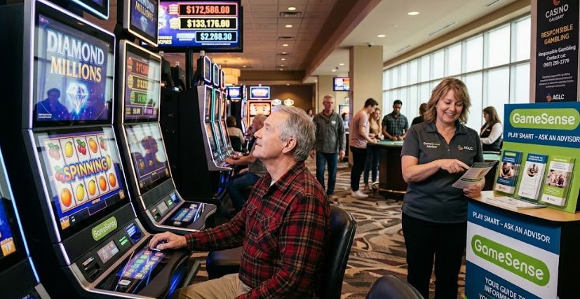 A photo of a senior man playing a "Diamond Millions" slot machine next to a staffed GameSense responsible gambling kiosk at a casino in Calgary.