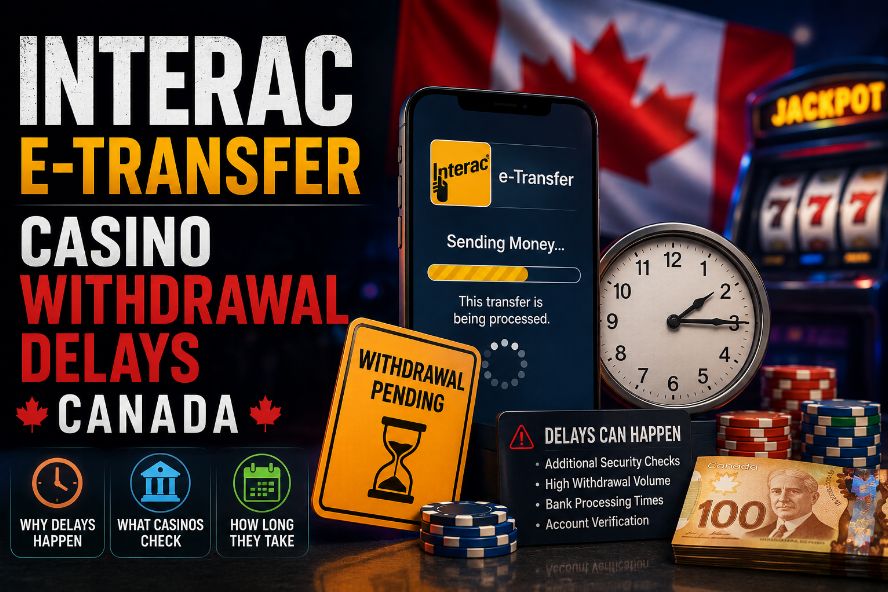 Interac e-Transfer casino withdrawal delays in Canada with pending transfer on a smartphone, clock, casino chips, and Canadian flag illustrating payout processing times.