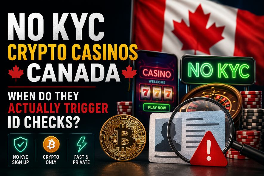 No KYC crypto casinos in Canada with ID verification document, Bitcoin, casino chips, and Canadian flag illustrating when identity checks may be triggered.