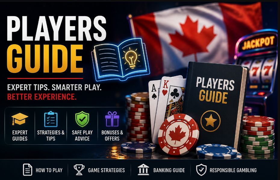 Player's Guide category banner featuring casino chips, playing cards, guidebook, slot machine, and Canadian flag representing casino tips, strategies, banking guides, bonuses, and responsible gambling.