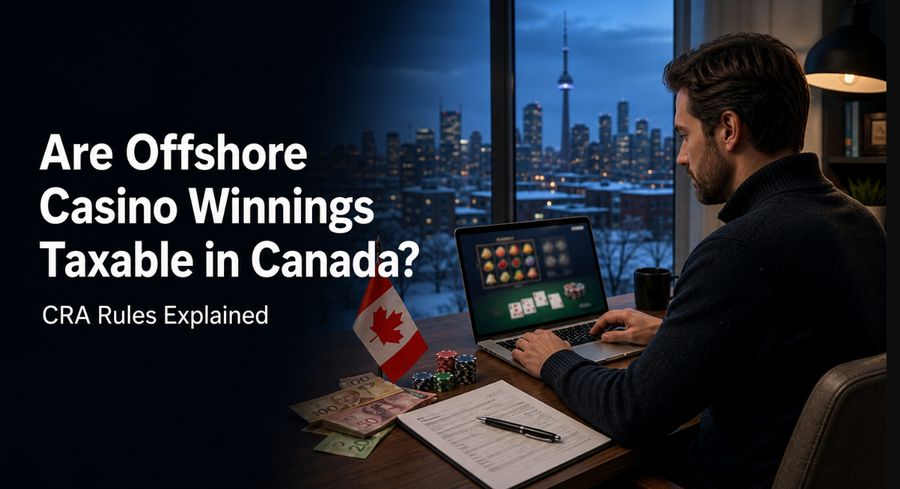Realistic image of a Canadian online casino player reviewing offshore casino winnings and CRA tax rules on a laptop.