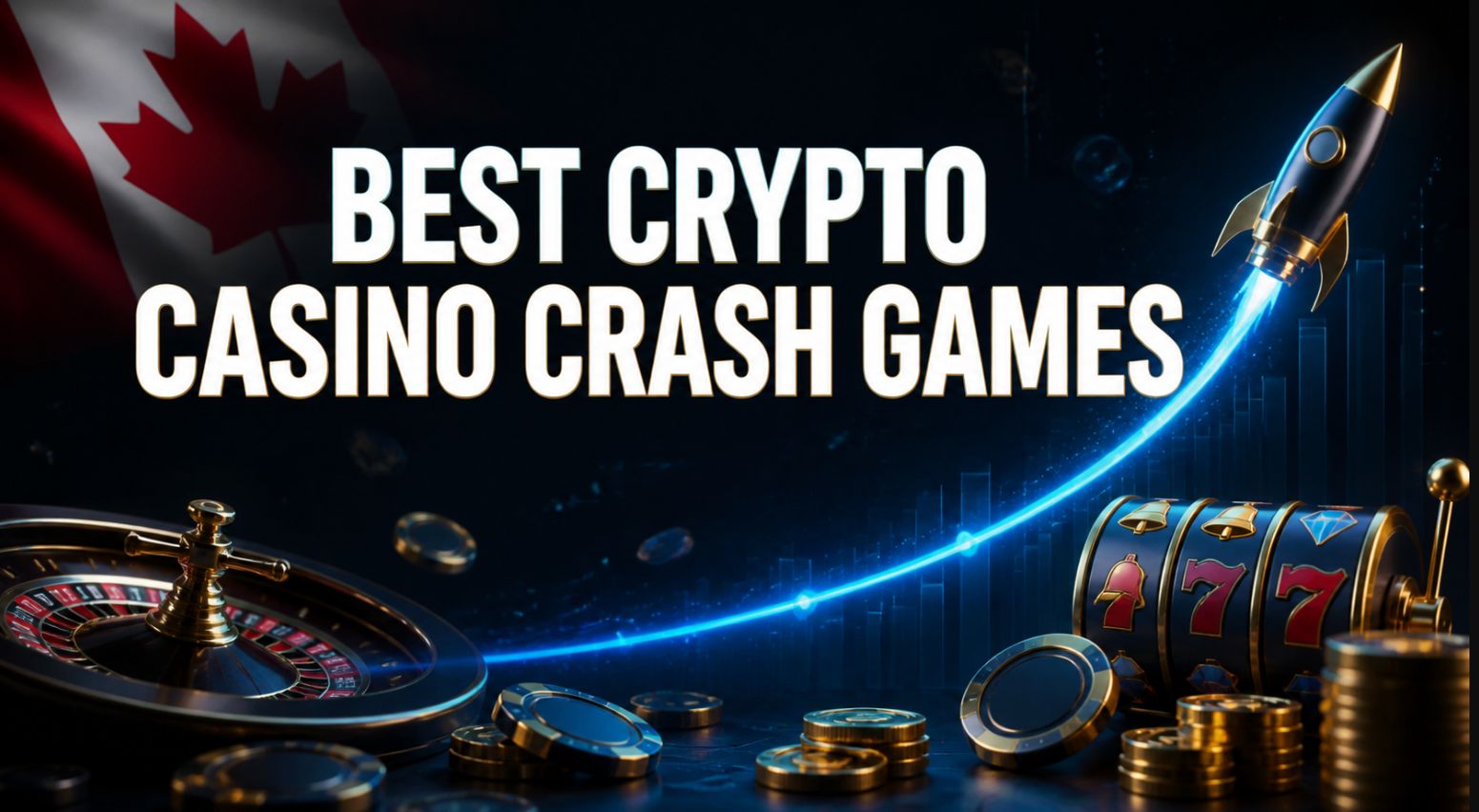 Best crypto casino crash games graphic featuring a rising rocket multiplier, generic crypto coins, slot reels, roulette wheel and Canadian maple leaf.