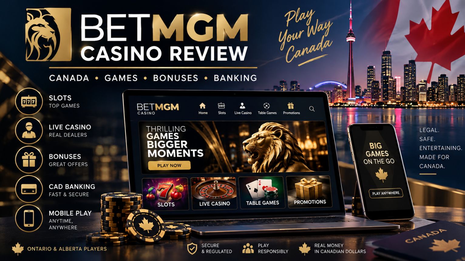 BetMGM Casino review Canada featuring slots, live casino, bonuses, CAD banking and mobile play