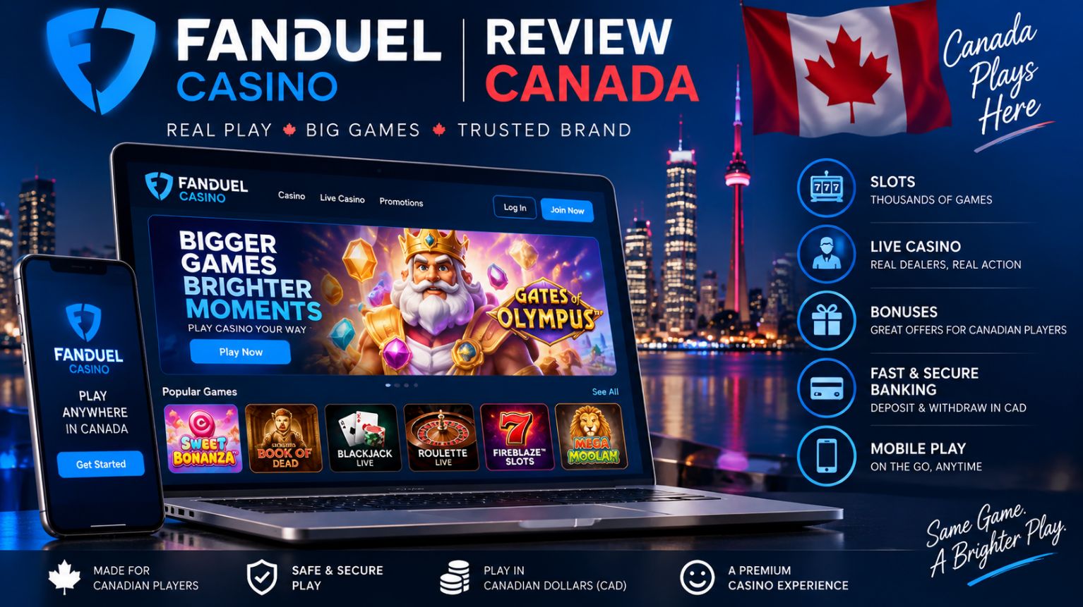 FanDuel Casino review Canada featuring slots, live casino, bonuses, CAD banking and mobile play