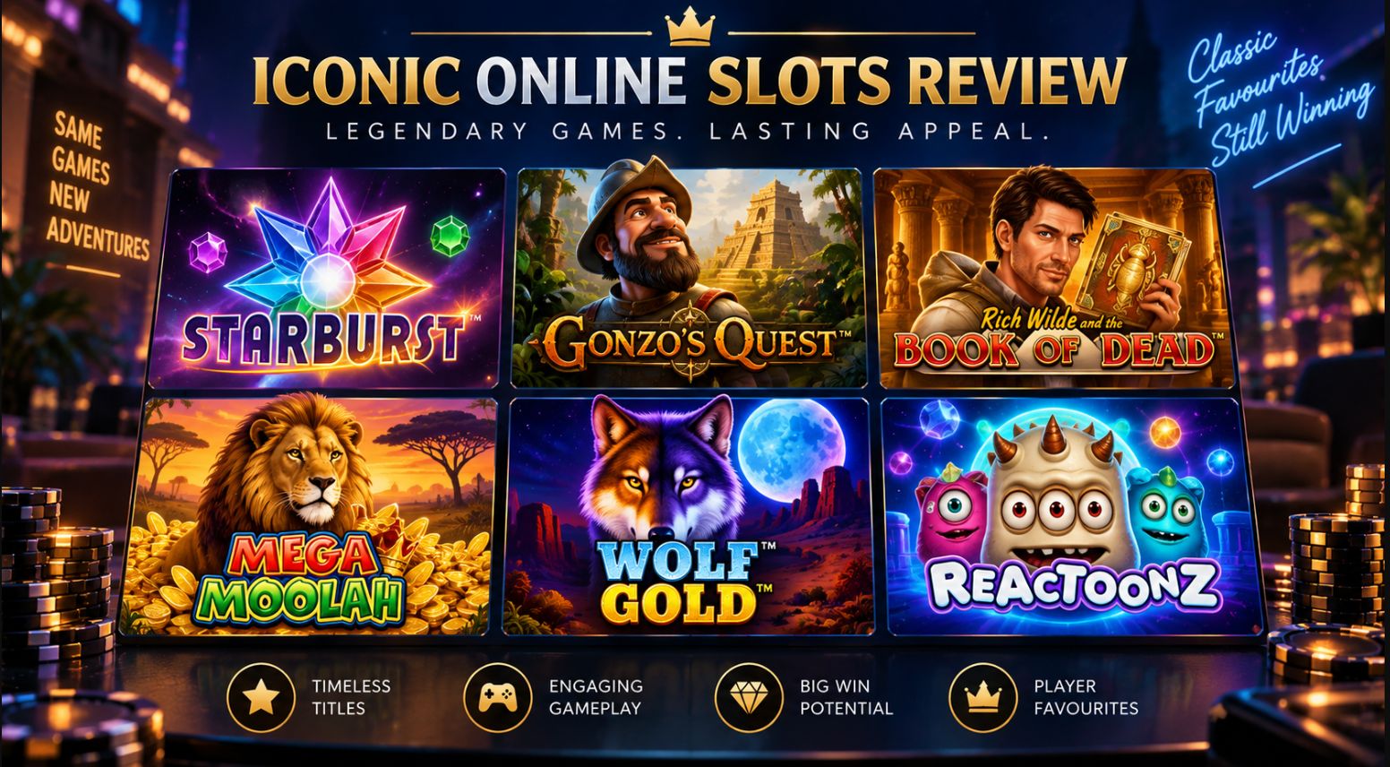 Iconic online slots review featuring Starburst, Gonzo’s Quest, Book of Dead, Mega Moolah, Wolf Gold and Reactoonz