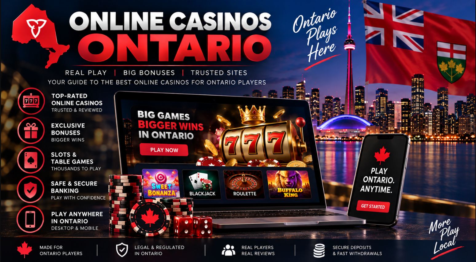 Online casinos in Ontario featuring slots, table games, bonuses and secure banking