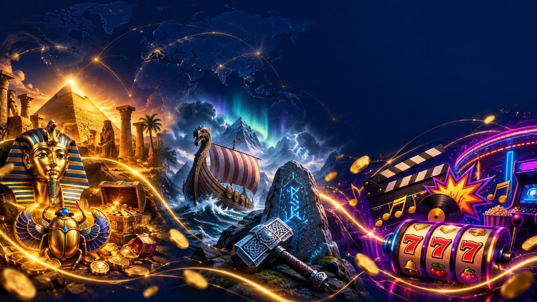 Global online slot themes illustration featuring Ancient Egyptian treasure symbols, Norse mythology imagery, pop culture entertainment icons and casino slot reels.