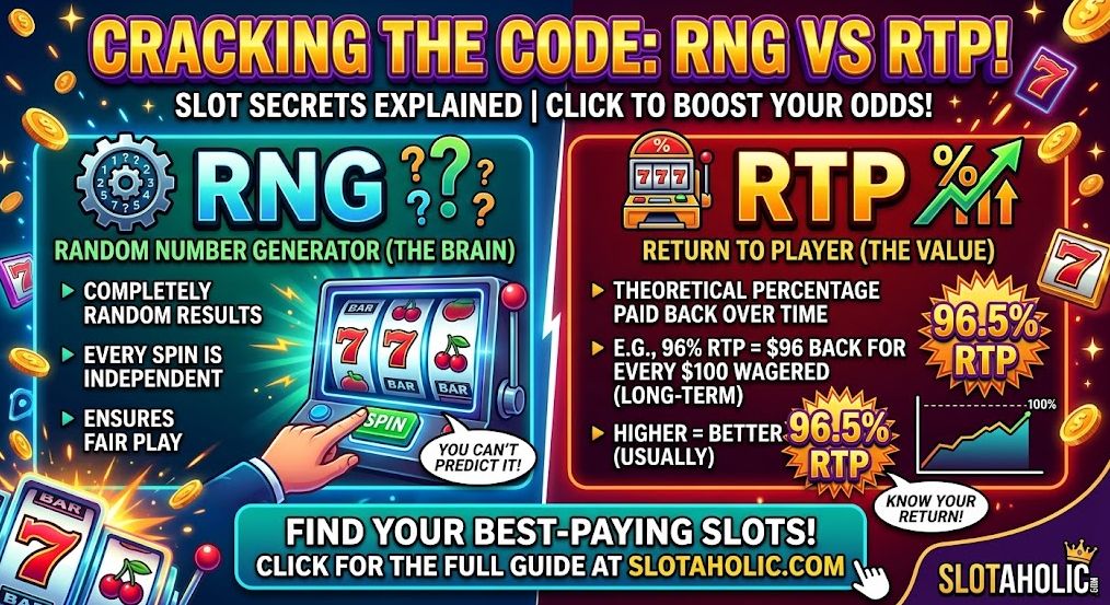 RNG vs RTP online slots comparison chart explaining Random Number Generator algorithms and Return to Player percentage mechanics for casino players at Slotaholic.com.