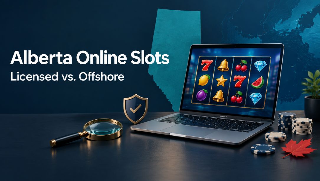 Alberta Online Slots: Licensed vs. Offshore cover featuring a laptop with slot reels, a magnifying glass and an Alberta map outline.