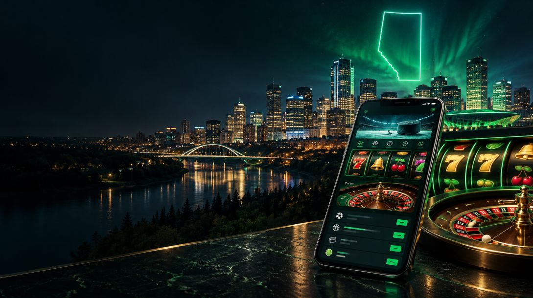 Betway Casino Alberta review hero image showing a mobile casino and sportsbook app with Alberta-themed city lights