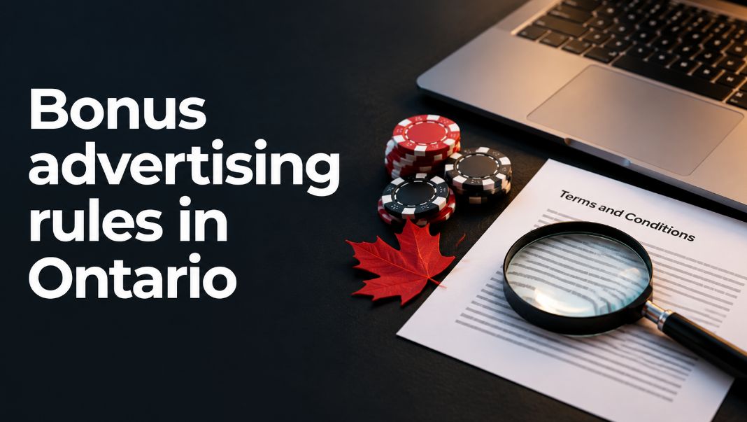 Ontario casino bonus advertising rules illustrated with a laptop, magnifying glass and promotional terms document.