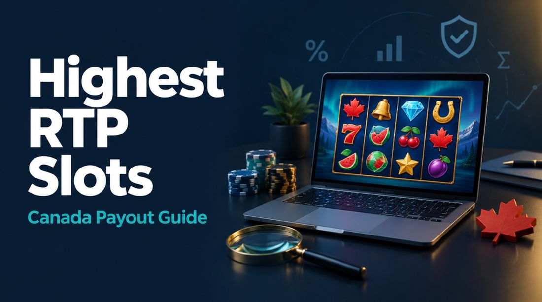 Highest RTP Slots Canada Payout Guide cover featuring a laptop with slot reels, a magnifying glass and casino chips.